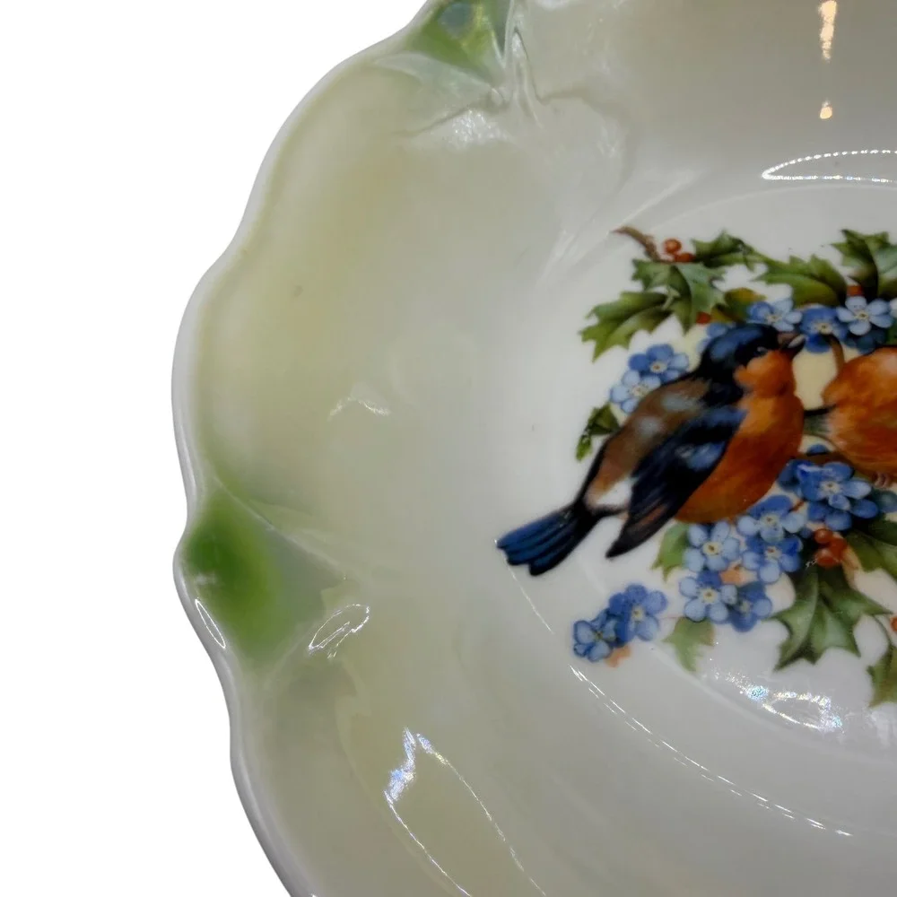 Vintage German Porcelain Bowl Bullfinch Birds Forget-Me-Nots Scalloped Rim‎ 8